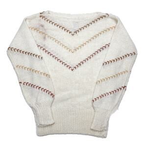 Hark Vintage 70s Embroidered Sweater Cream Knit Accent Stitching Wool Blend